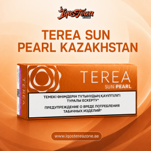 A front view of an IQOS TEREA Amber tobacco sticks carton from Italy, featuring an orange and copper design with a health warning label. Designed exclusively for IQOS ILUMA devices.
