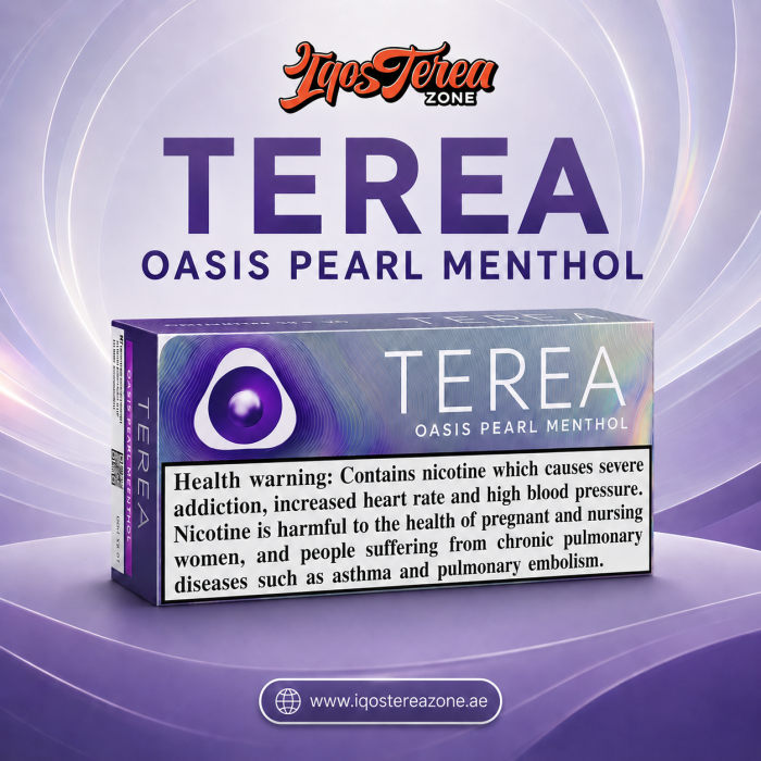 A pack of IQOS Terea Oasis Pearl menthol heated tobacco sticks on a white background.