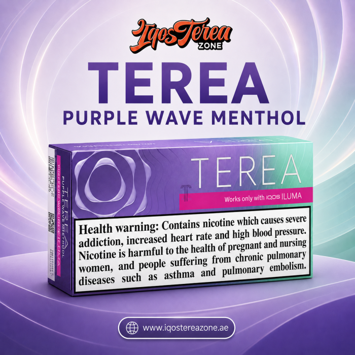 A pack of IQOS Terea Purple Wave Menthol heated tobacco sticks on a white background.