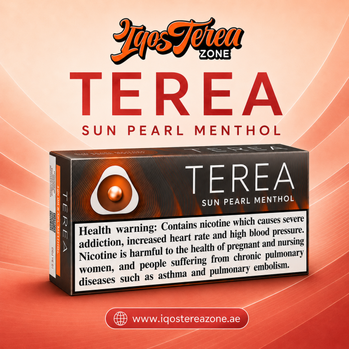 A pack of IQOS Terea Sun Pearl heated tobacco sticks on a white background.