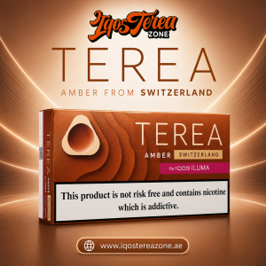 A pack of Swiss edition IQOS Terea Amber heated tobacco sticks on a white background.