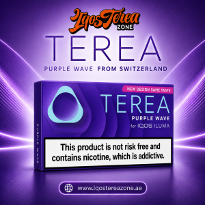 A pack of Swiss edition IQOS Terea Purple Wave heated tobacco sticks on a white background.