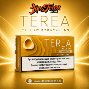 A pack of Kyrgyzstan edition IQOS Terea Yellow heated tobacco sticks on a white background.