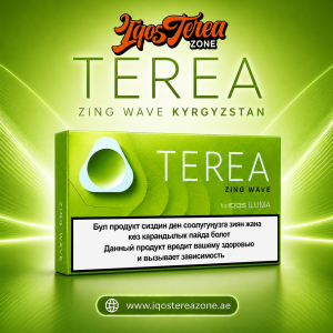 A pack of Kyrgyzstan edition IQOS Terea Zing Wave heated tobacco sticks on a white background.