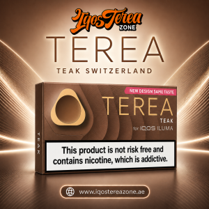 A pack of Swiss edition IQOS Terea Teak heated tobacco sticks on a white background.