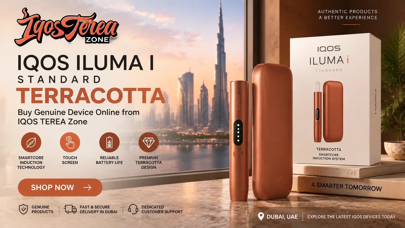 IQOS ILUMA I Standard Terracotta premium device guide with authentic IQOS TEREA Zone product information for Dubai users